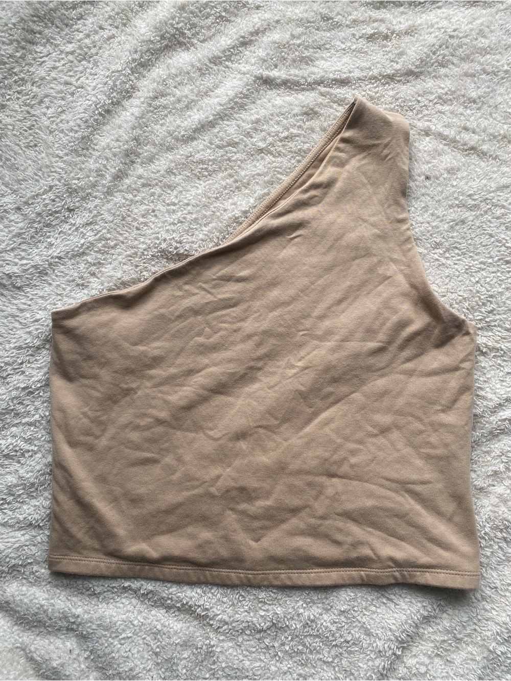 Whimsical Express One-Shoulder Taupe Crop Tank